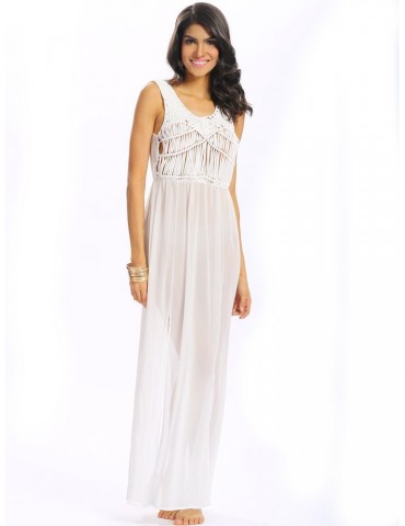 Woven Sexy Tassels Backless Sleeveless Slit O Neck Maxi Dress