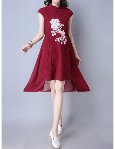 Vintage Floral Print Irregular Frog Button Stand Collar Dress For Women