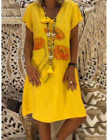 Print V-neck Short Sleeve Casual Mini Dress