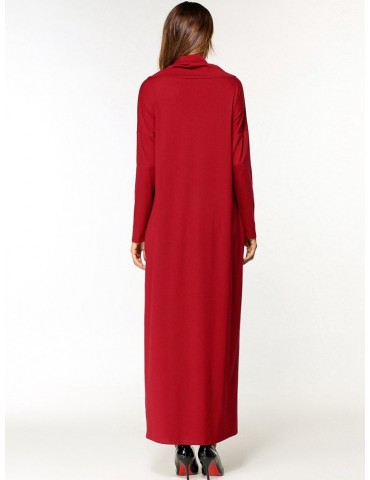 Casual Pure Color Turtleneck Long Sleeve Pockets Women Dresses
