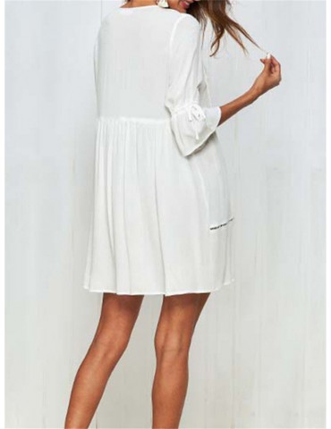 Boho Hollow Out O-Neck White Casual Dresses