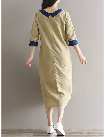 Casual Loose Patchwork 3/4 Sleeve O-neck Women Mid-long Dress