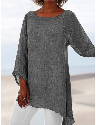 Vintage Solid Color 3/4 Sleeve High Low Blouse