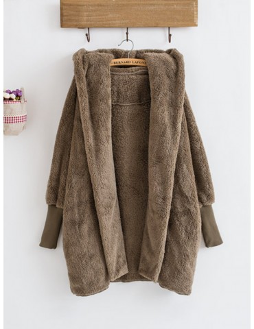 Casual Pure Color Thicken Bat Sleeve Hooded Women Plush Coats